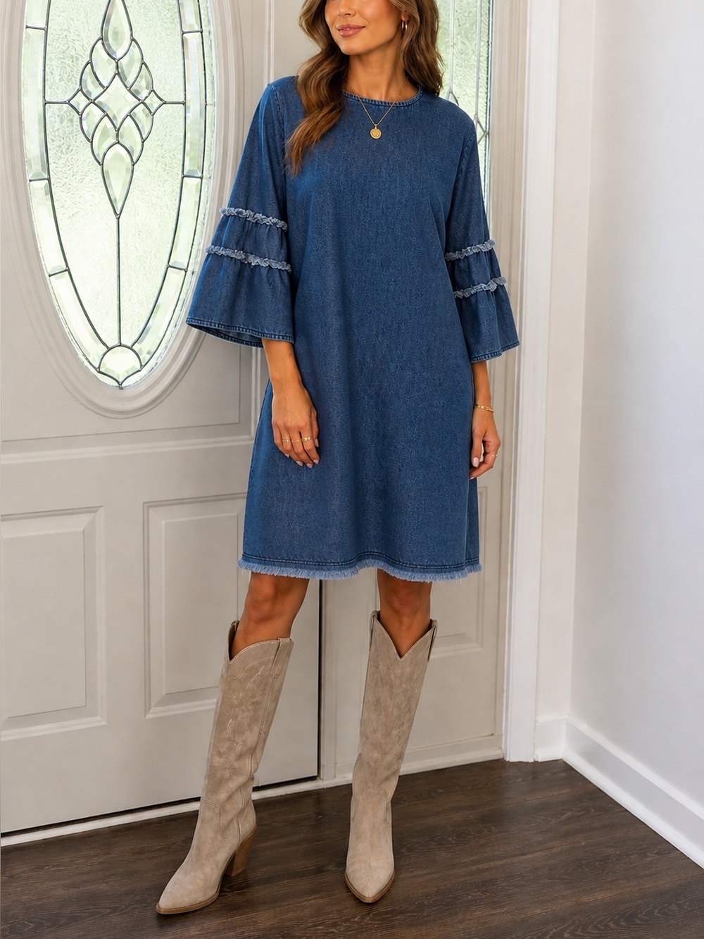 Women’s Denim Shift Dress Bell Sleeve Frayed Hem Blue Tunic Dress Medium